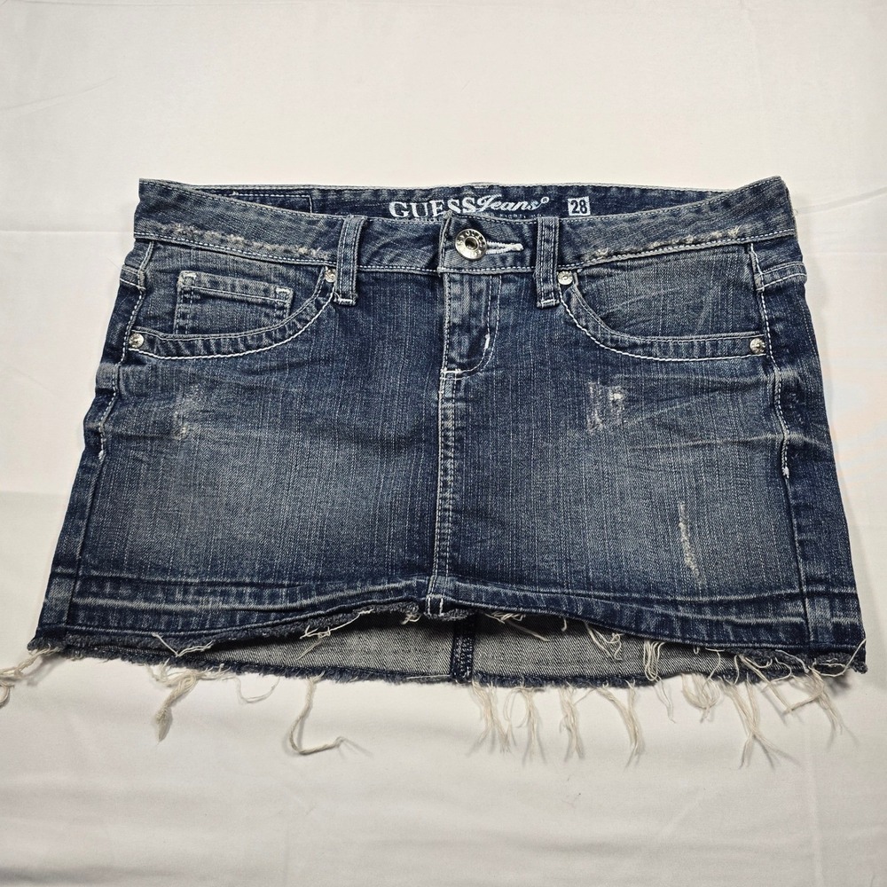 Y2k‎ Guess Jeans Denim Mini Skirt Womens 28 Distressed Raw Hem Low Rise